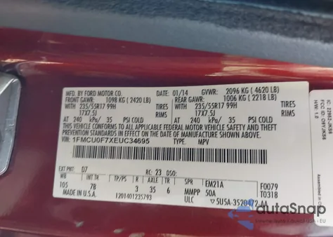 2014 Ford Escape S z USA, uszkodzony, nr VIN 1FMCU0F7XEUC34695